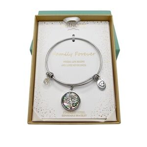 New Footnotes Family Forever Tree Stainless Steel Silver Tone Bangle Bracelet